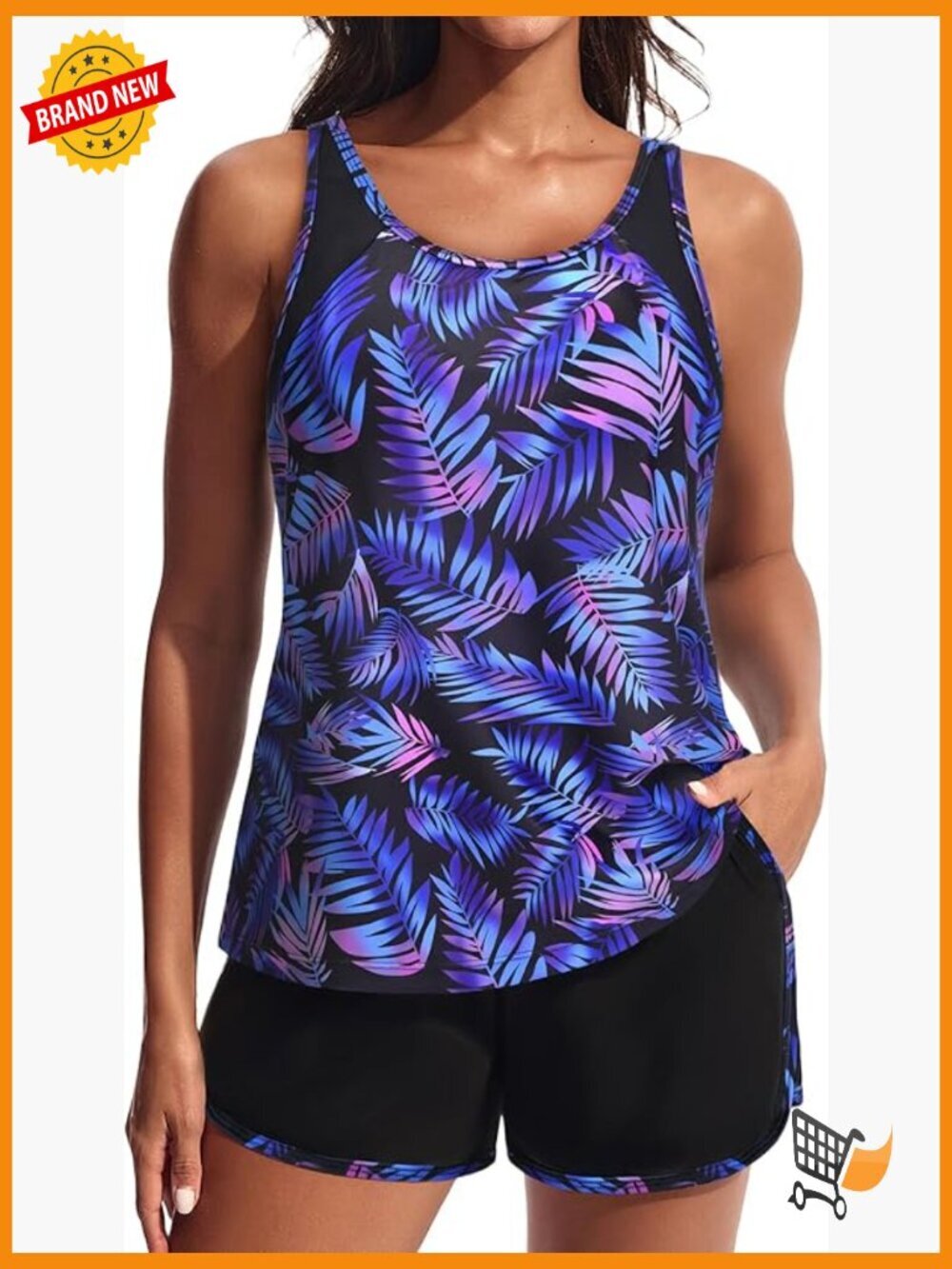 Tankini Two Piece Swimsuit with Tummy Control Board Shorts Athletic Pockets